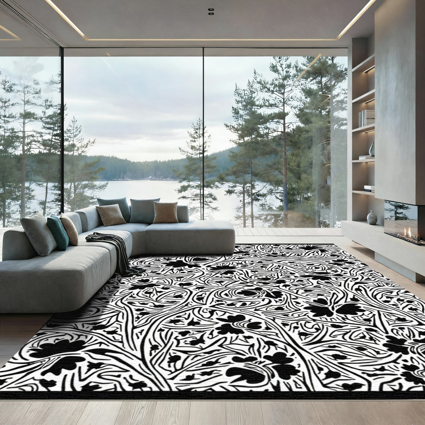 Black White Floral Vine Intricate Rug