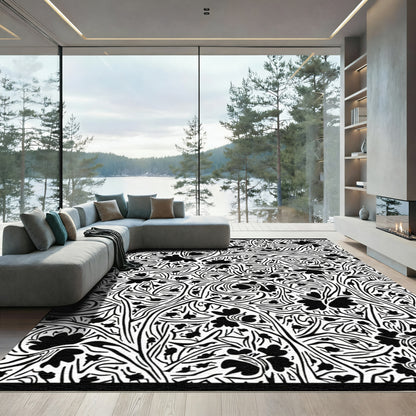 Black White Floral Vine Intricate Rug