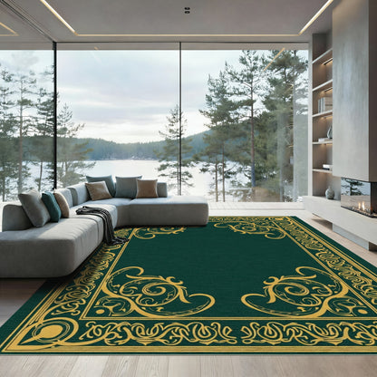 Emerald Gold Ornate Scrollwork Border Rug