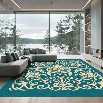 Cream Turtle Flourish Teal Accents Rug