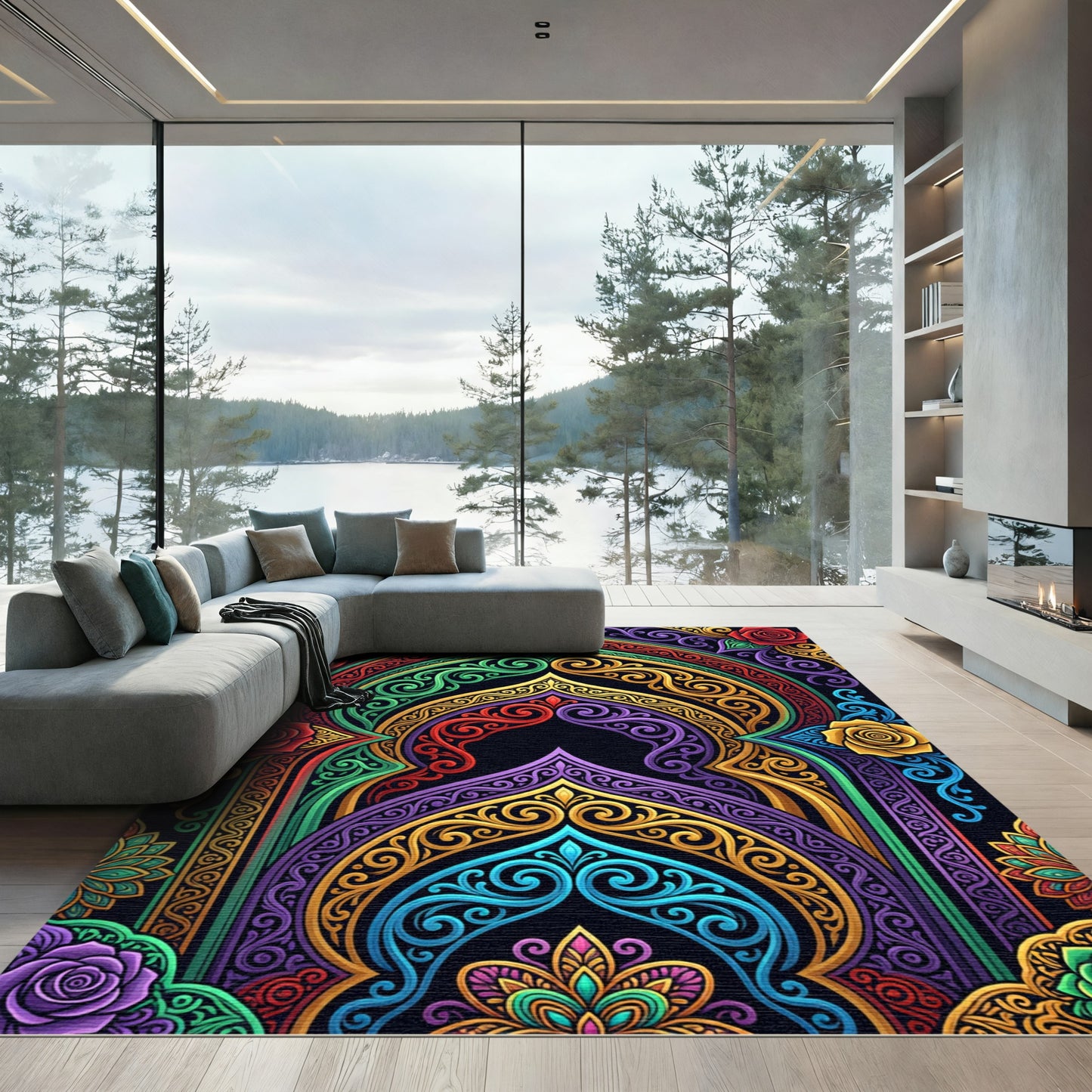 Vibrant Floral Arches with Ornate Swirls Rug