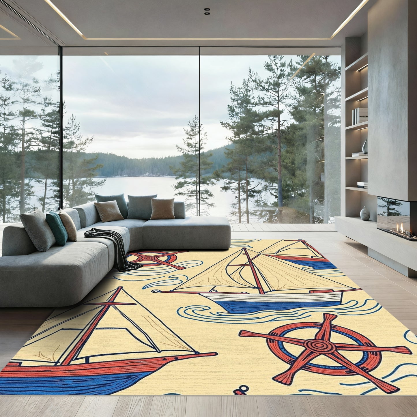 Nautical Sailboats Red Wheel Ocean Swirls Rug