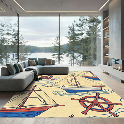Nautical Sailboats Red Wheel Ocean Swirls Rug