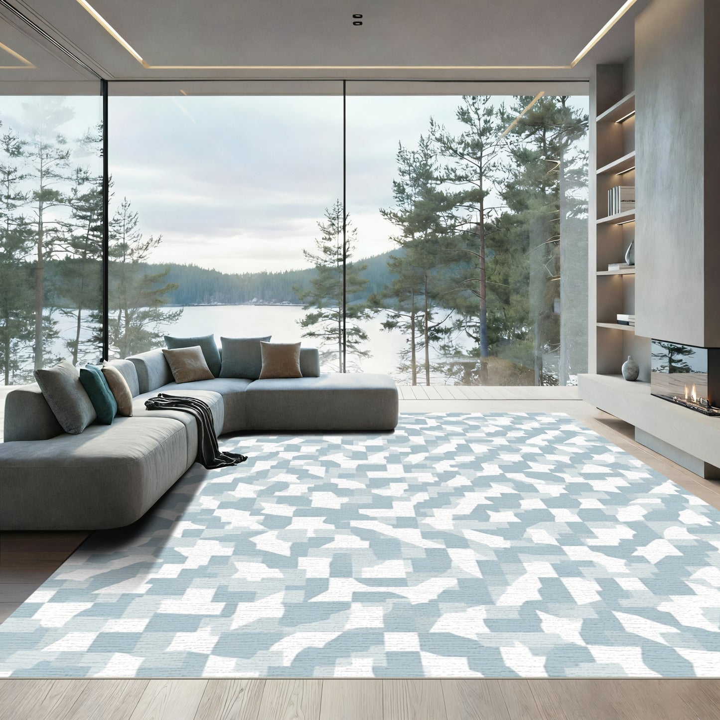 Abstract White Blue Fragmented Squares Rug