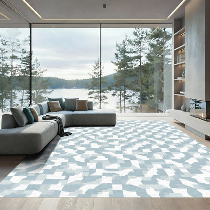 Abstract White Blue Fragmented Squares Rug
