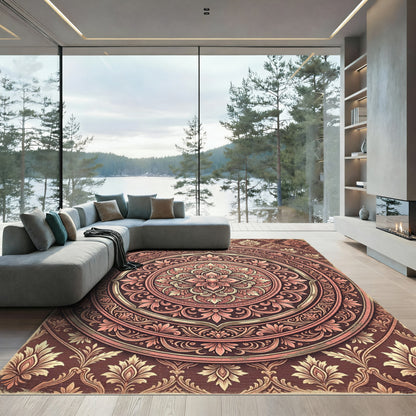 Elegant Crimson Floral Medallion Circular Ornament Rug