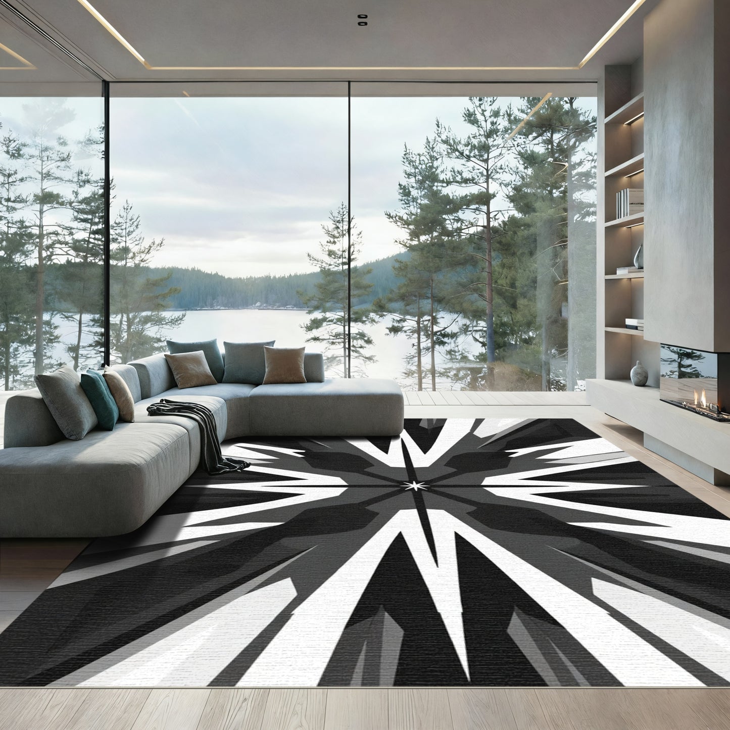Monochrome Geometric Starburst Radiance Rug