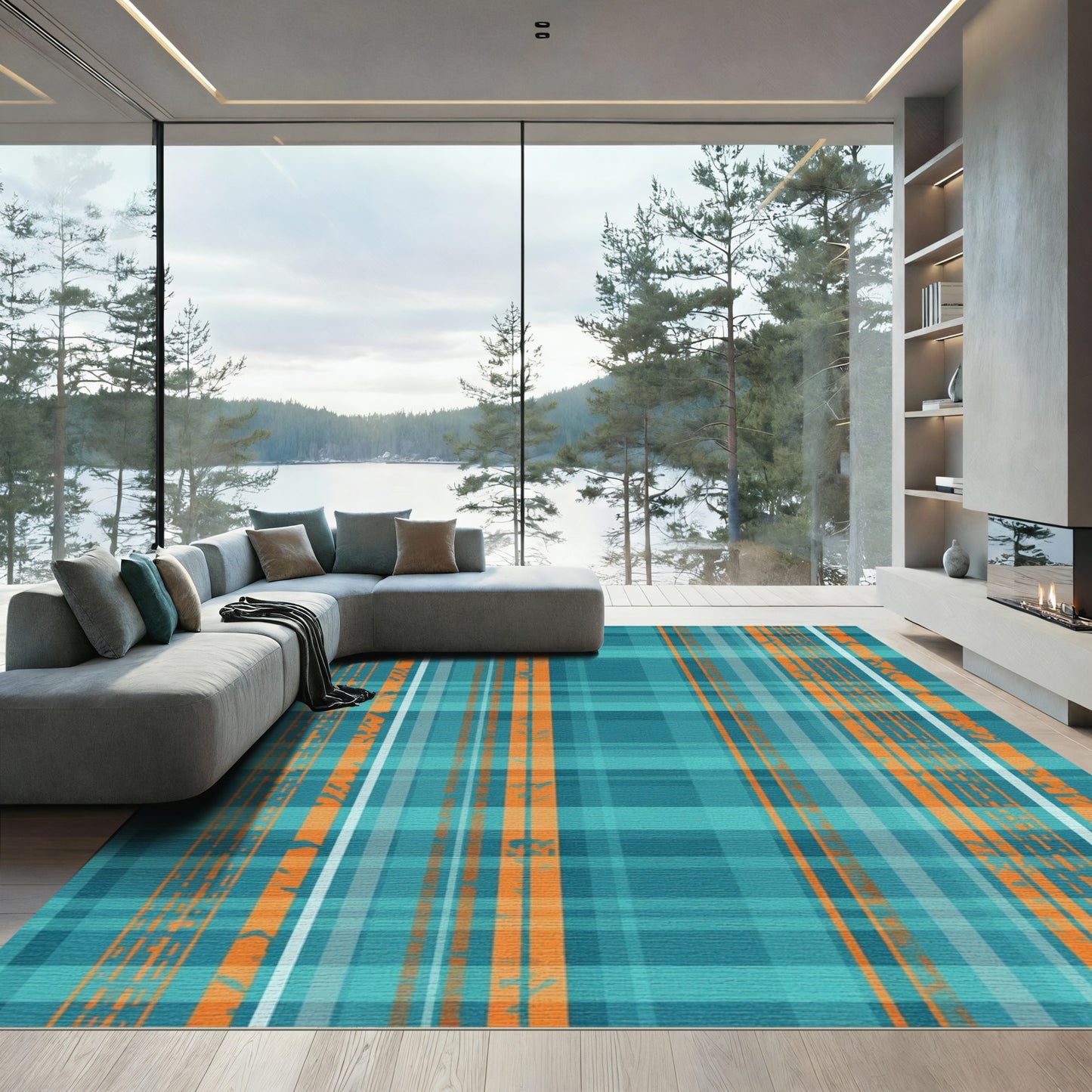 Coastal Turquoise Orange Plaid Texture Rug
