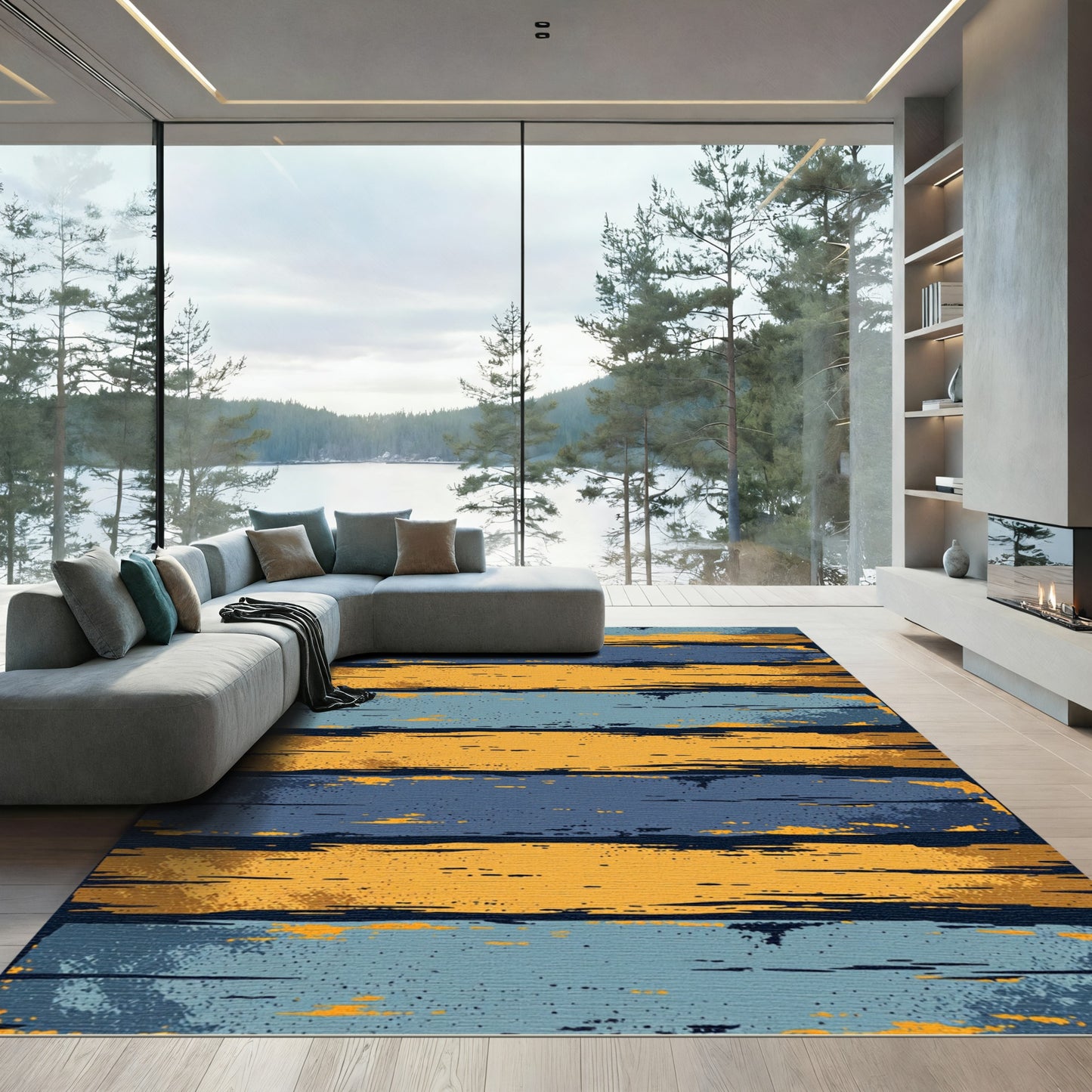 Rustic Blue and Golden Horizontal Stripes Rug