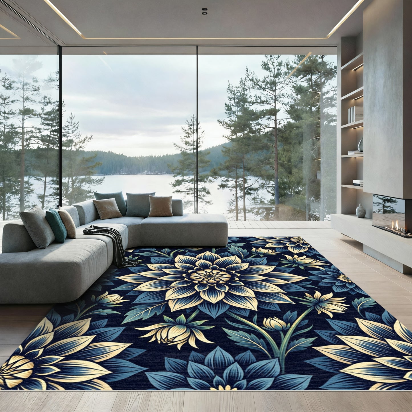 Elegant Navy and Cream Dhalia Floral Rug