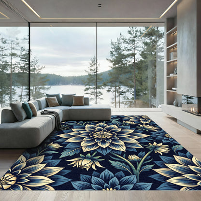 Elegant Navy and Cream Dhalia Floral Rug