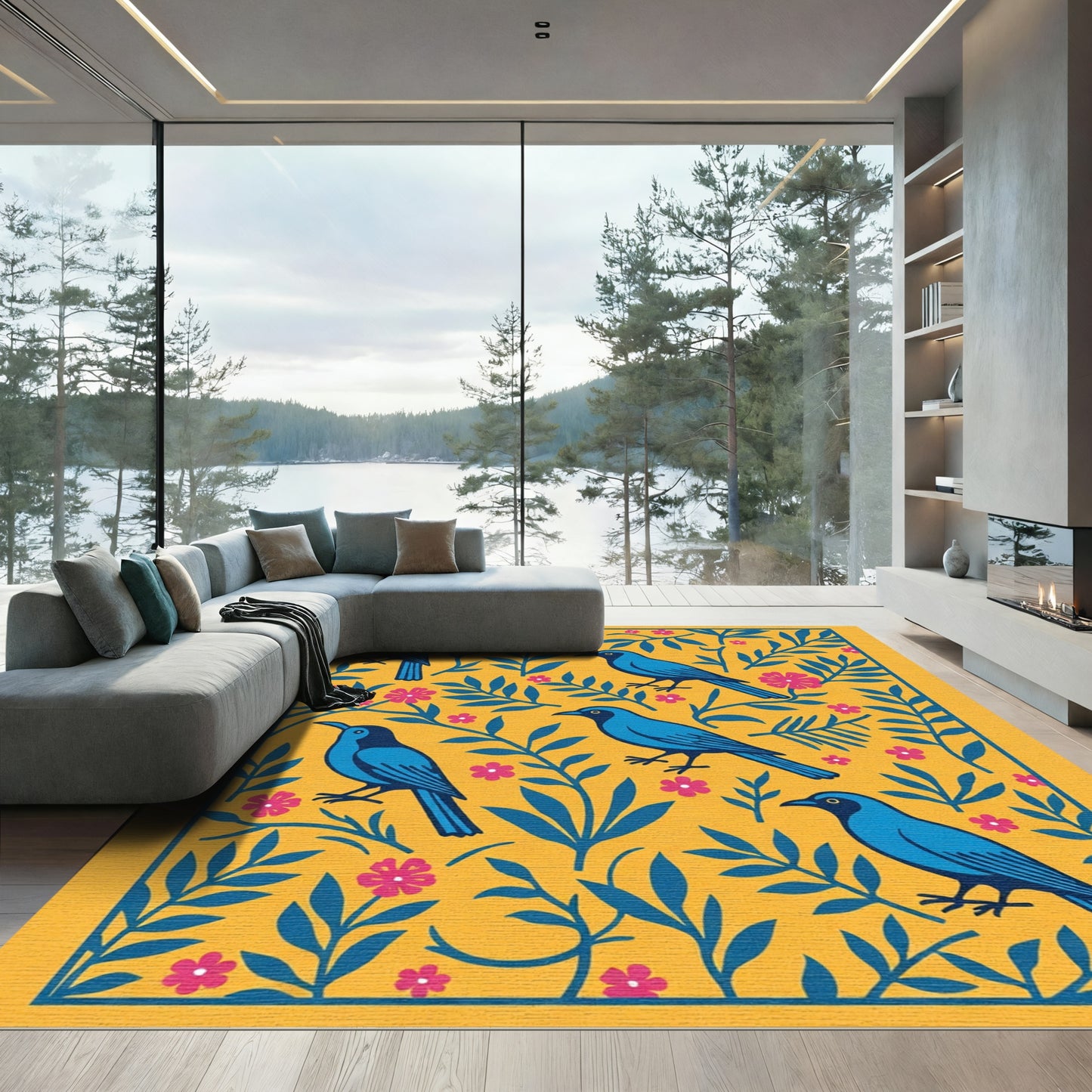 Bright Yellow Blue Birds Floral Arrangement Rug