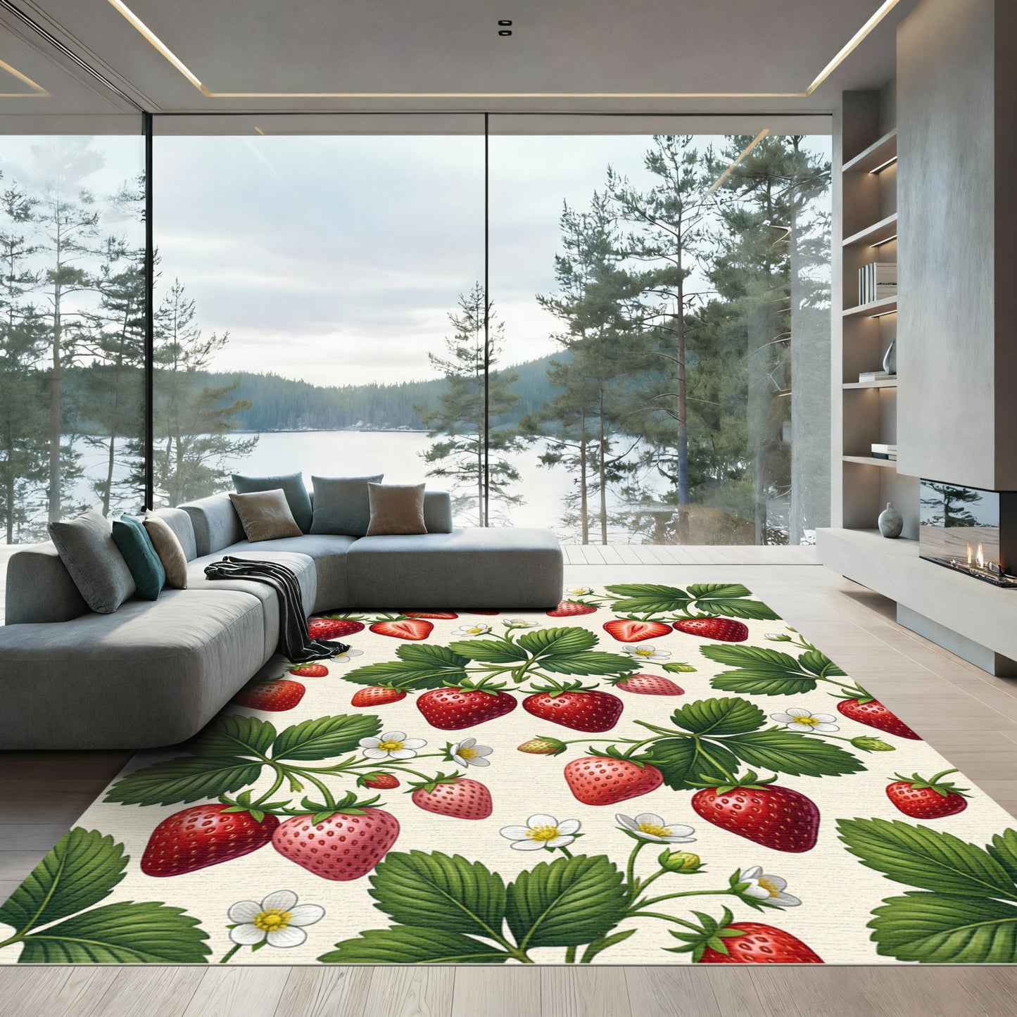 Fresh Red Berry Strawberry Botanical Illustration Rug