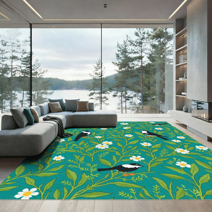 Teal Bird and Daisy Floral Arrangement Rug