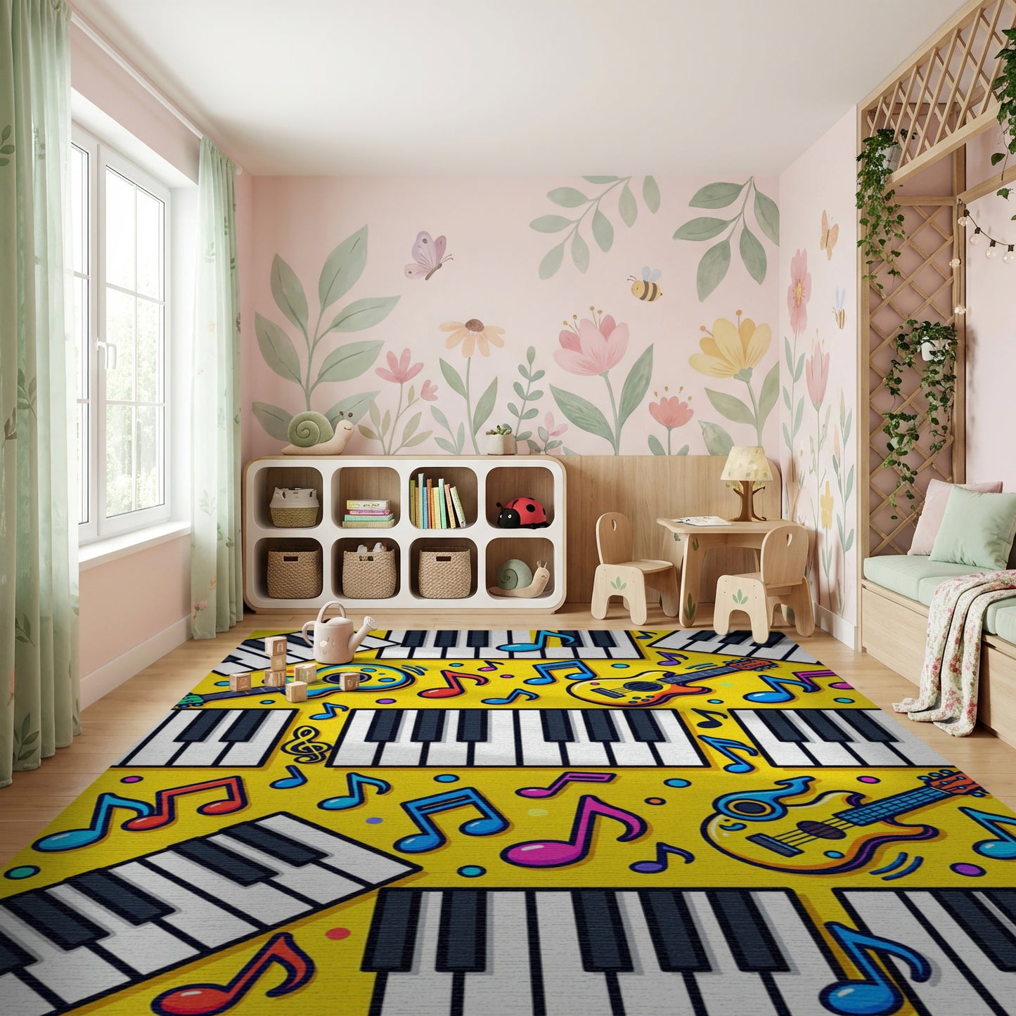 Vibrant Yellow Piano Guitar Notes Rug