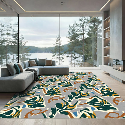 Abstract Teal Gold Leaf Swirl Rug