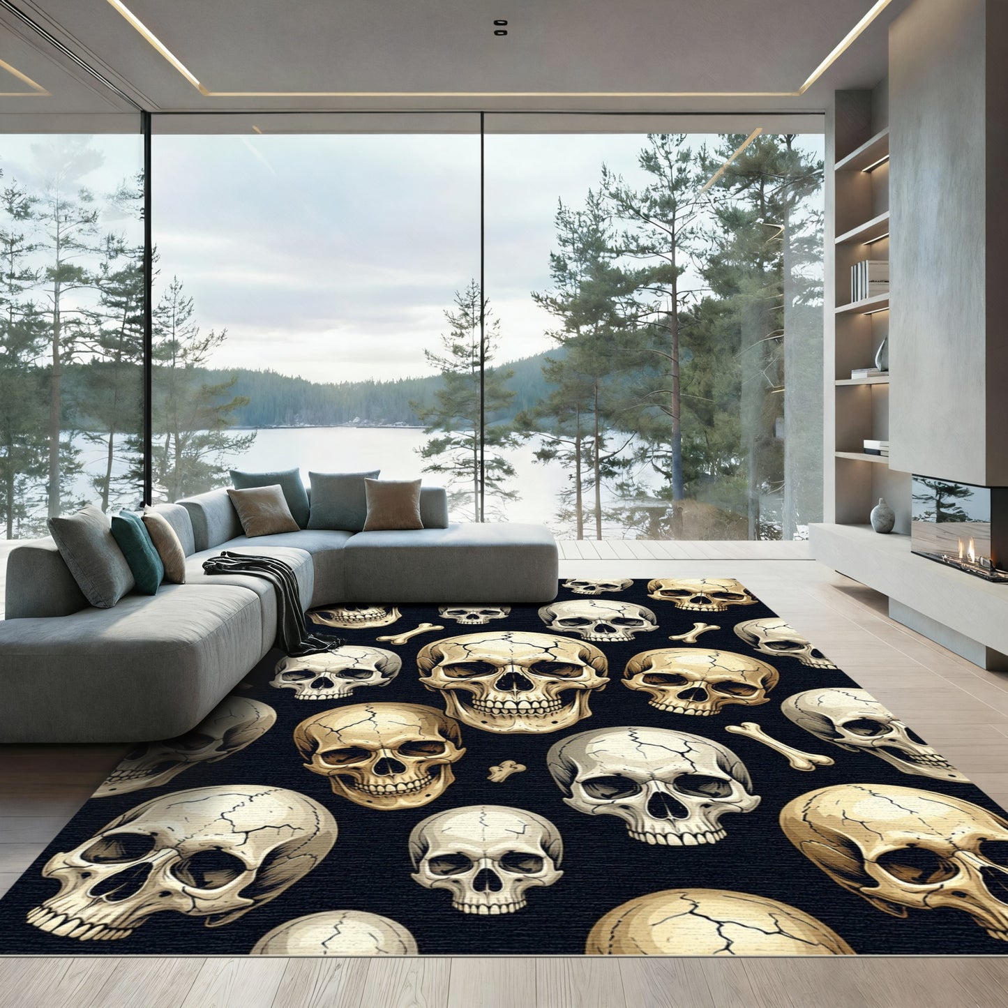 Gothic Cream Skull and Bone Arrangement Rug