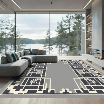 Modern Gray, Cream, Navy Geometric Frame Rug