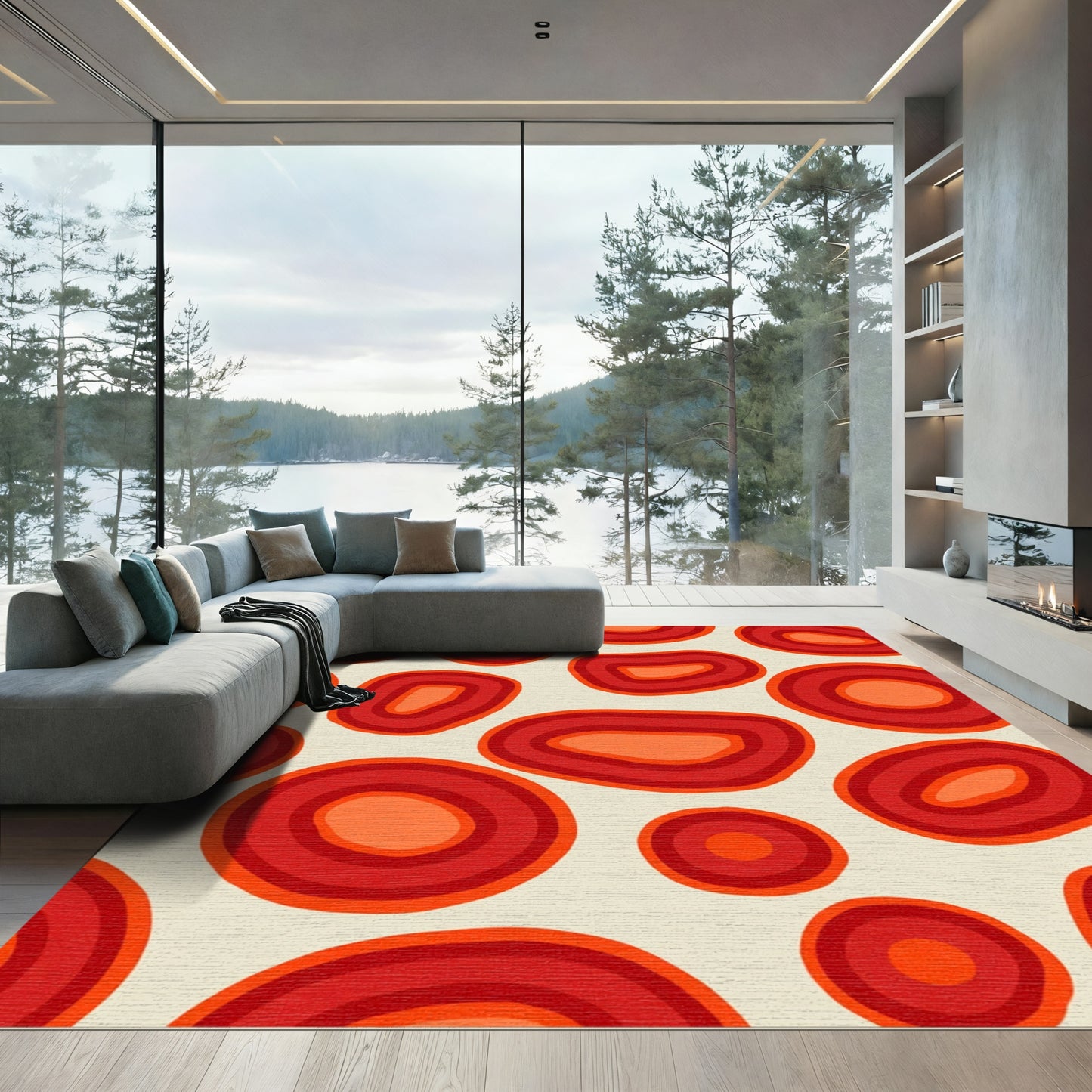 Retro Crimson Orange Blob Composition Rug