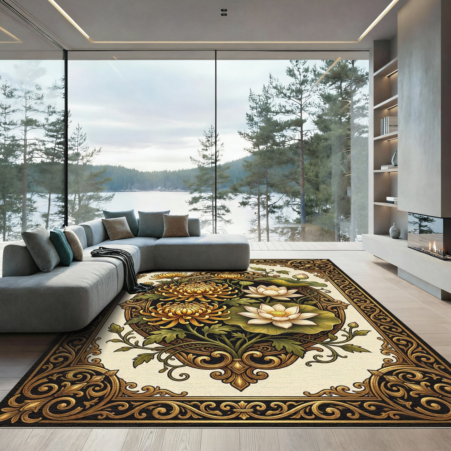Gilded Botanical Gold Lotus Chrysanthemum Artwork Rug
