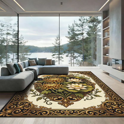 Gilded Botanical Gold Lotus Chrysanthemum Artwork Rug