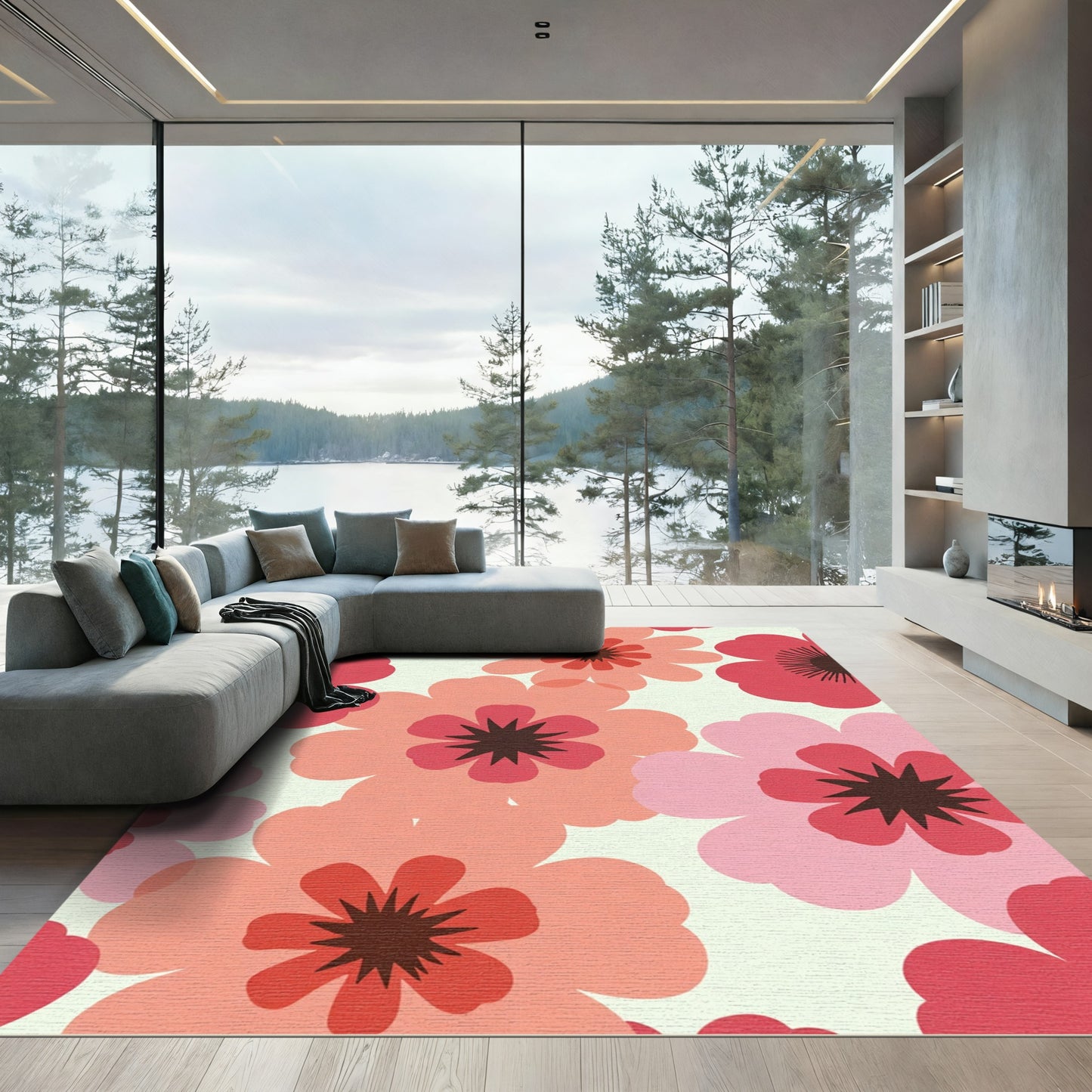Retro Pink Red Floral Burst Rug