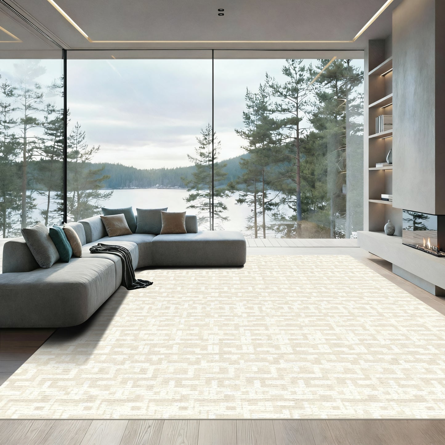 Pale Cream Interlocking Geometric Block Rug
