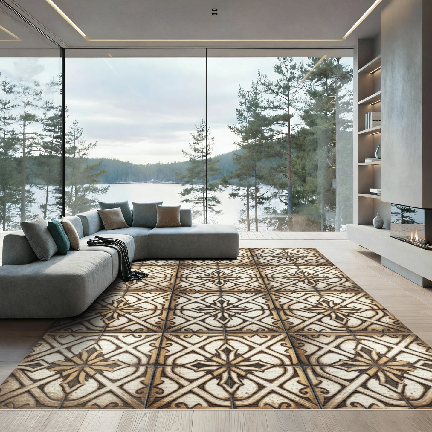 Golden Metallic Lattice Art Deco Tile Rug
