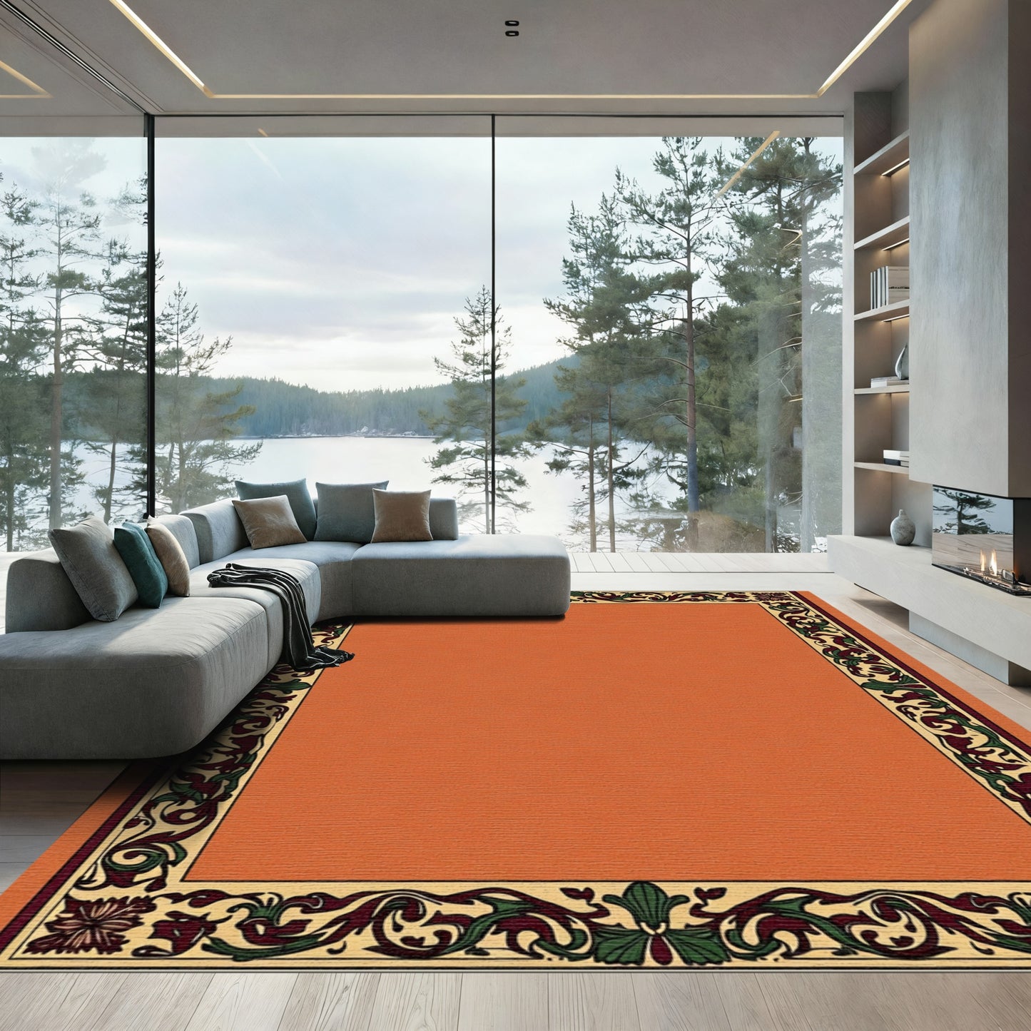 Ornate Earthy Tone Floral Border Rug