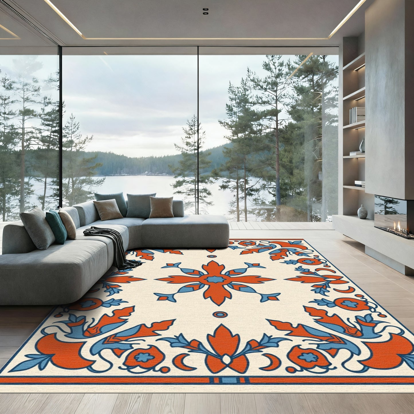 Crimson Blue Floral Scroll Border Rug