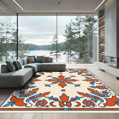 Crimson Blue Floral Scroll Border Rug