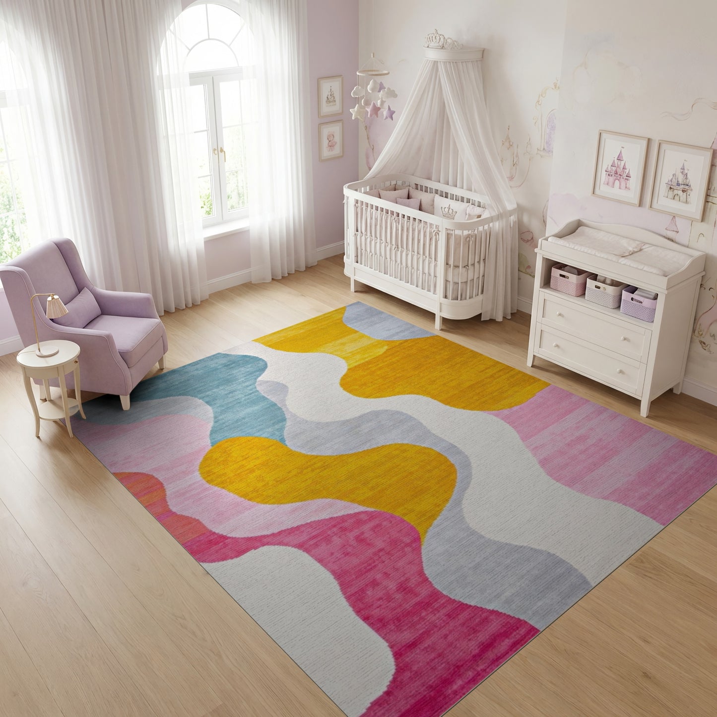 Vibrant Teal Pink Yellow Wavy Rug