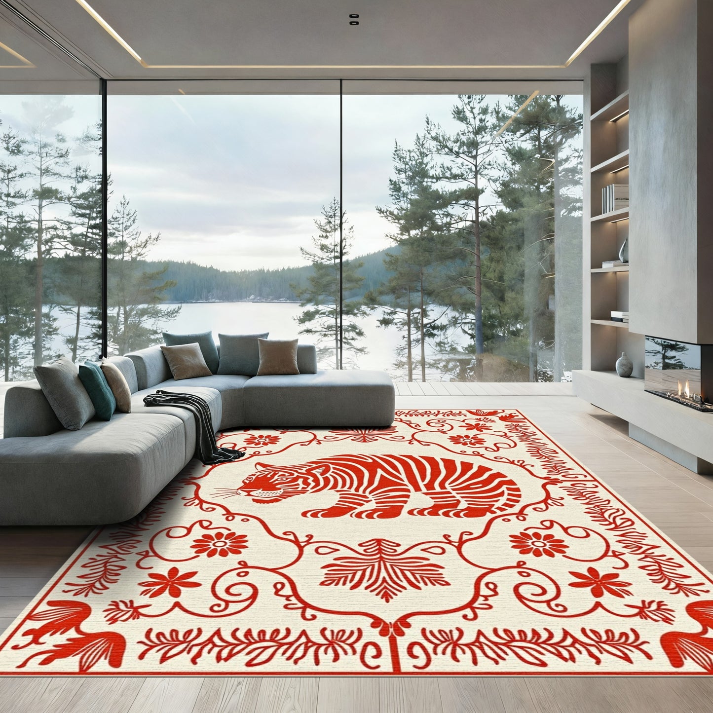 Red Tiger Floral Border Rug