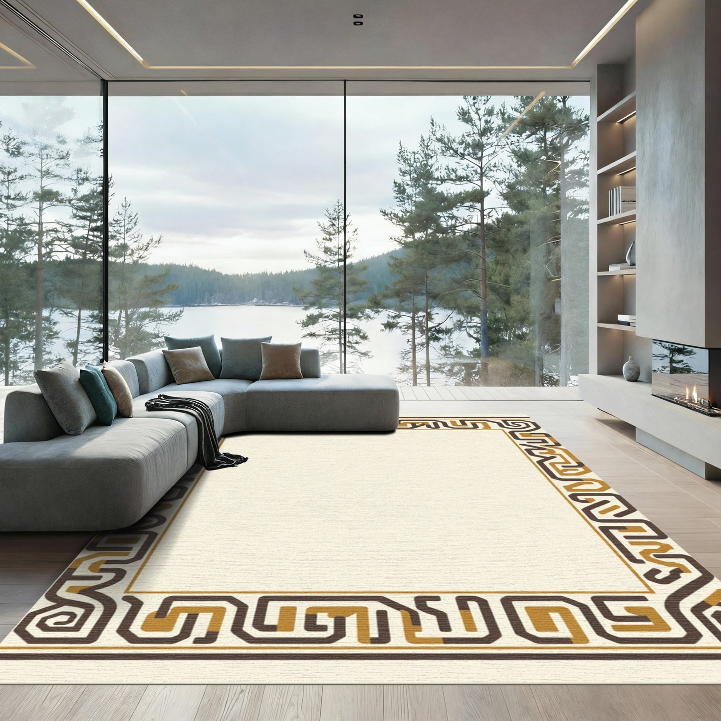 Brown Gold Geometric Maze Border Rug