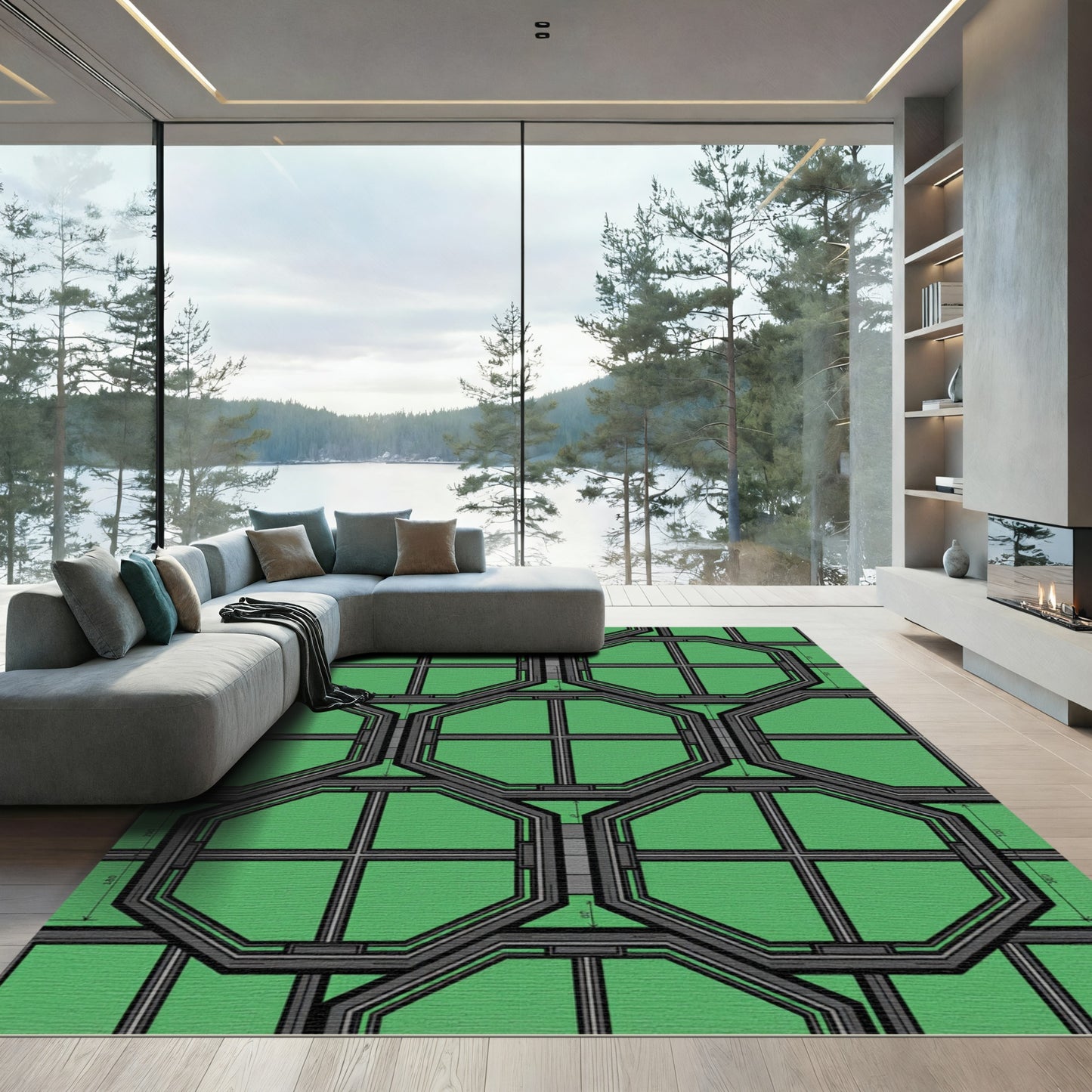Modern Emerald Geometric Octagon Grid Rug
