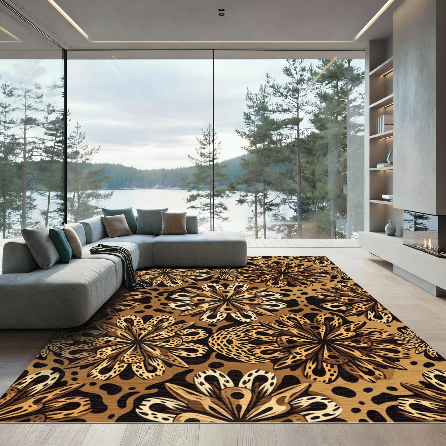 Golden Leopard Floral Bloom Rug