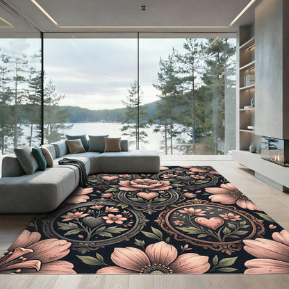Vintage Pink Floral Heart Medallion Rug