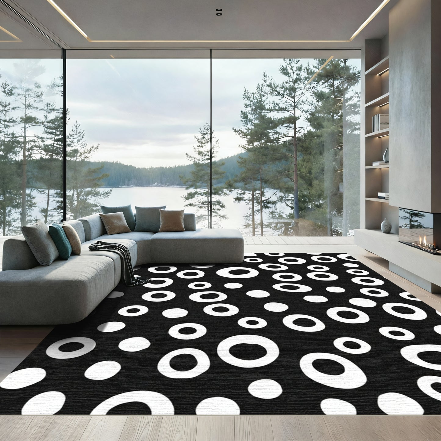 Black White Scattered Circles Rug