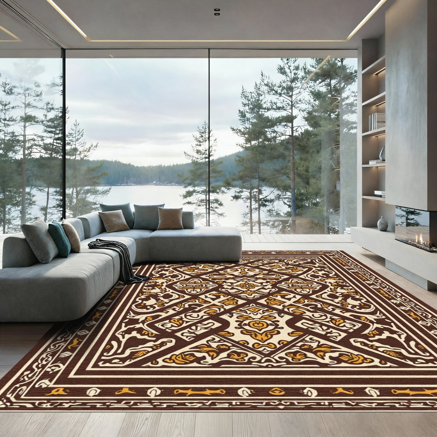 Dark Red Cream Ornamental Filigree Rug