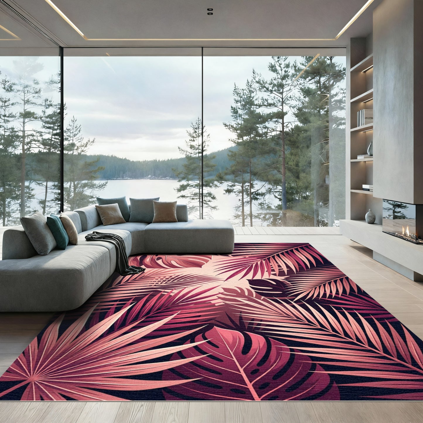 Rose Pink Tropical Jungle Leaves Rug