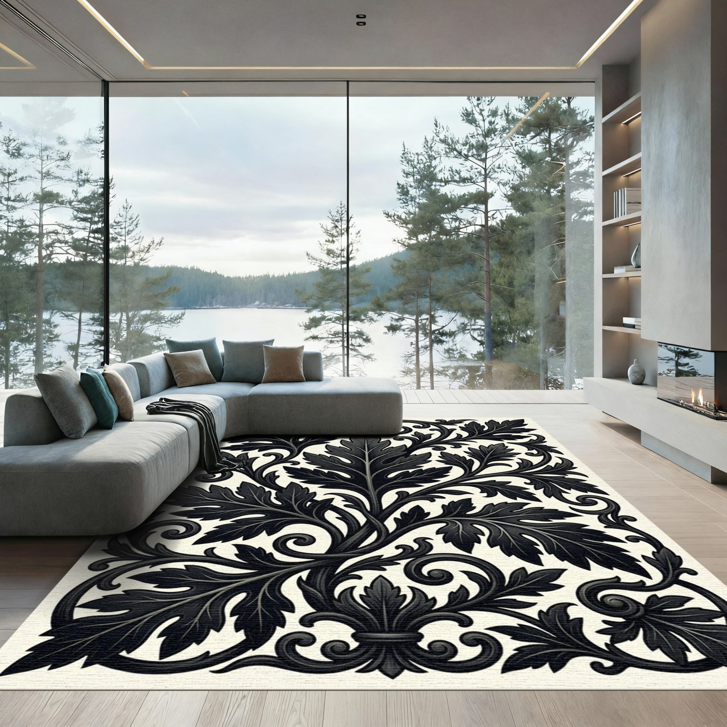 Ornate Black Acanthus Leaf Scroll Rug