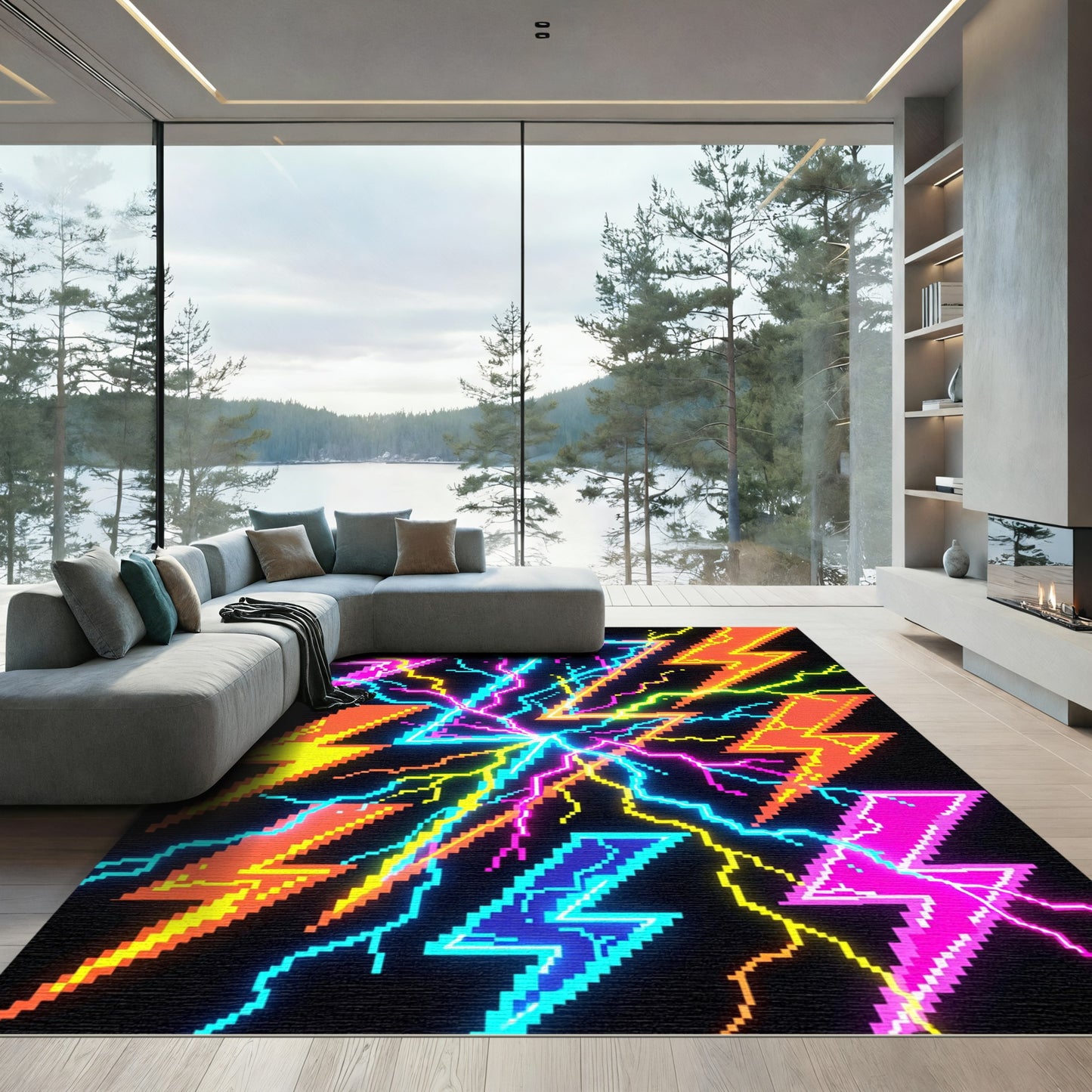 Neon Pixel Lightning Energy Bolt Abstract Rug