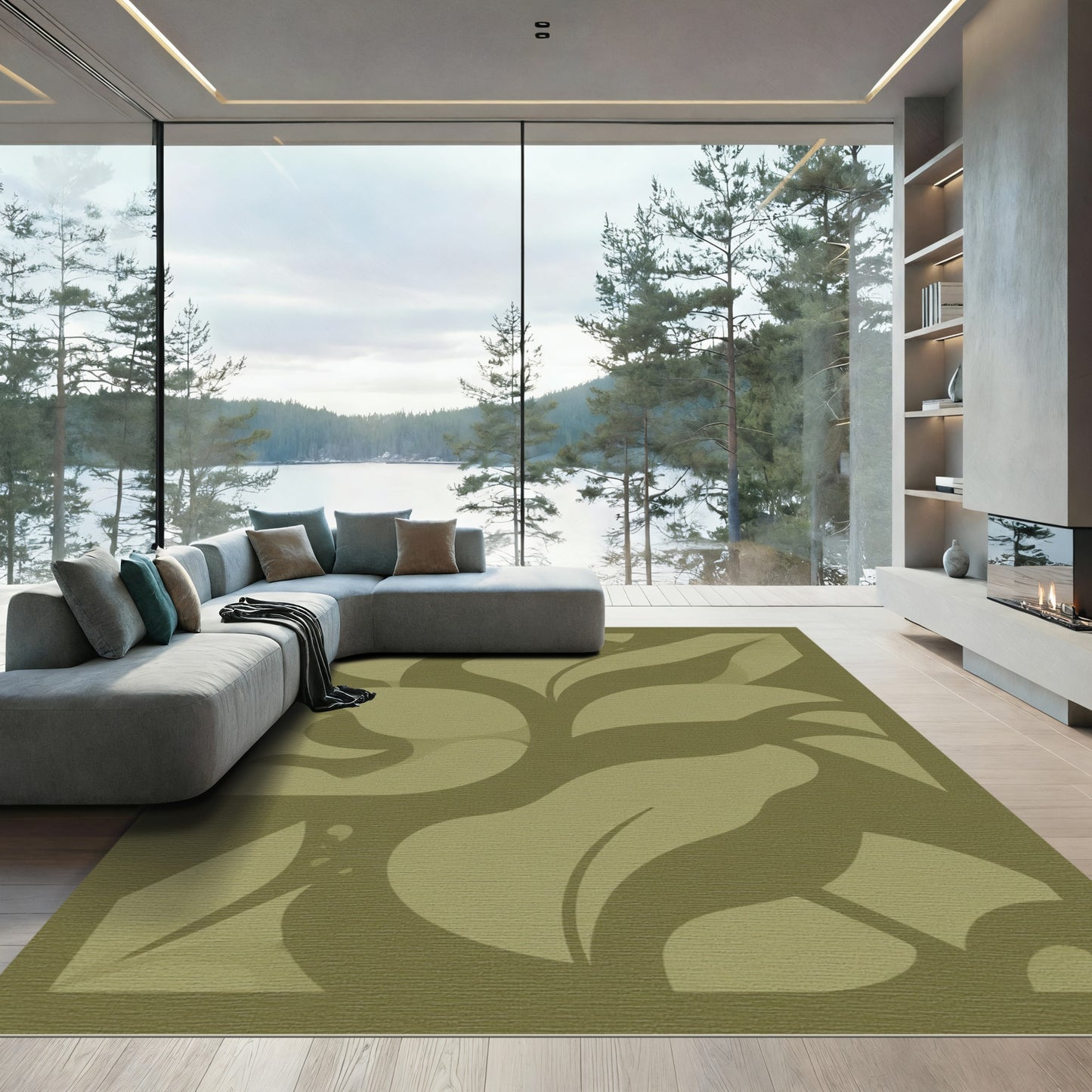 Olive Green Abstract Botanical Swirl Rug