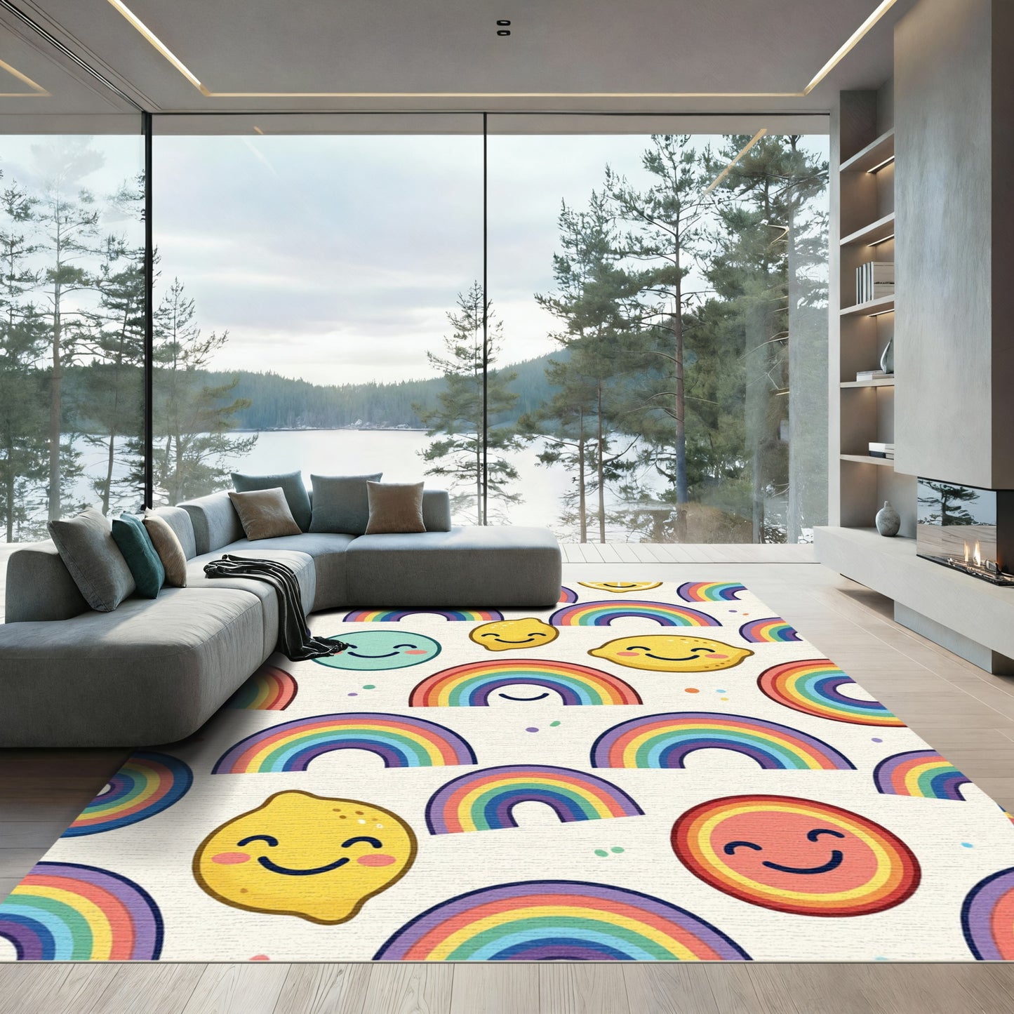 Cheerful Rainbow and Lemon Smile Accent Rug
