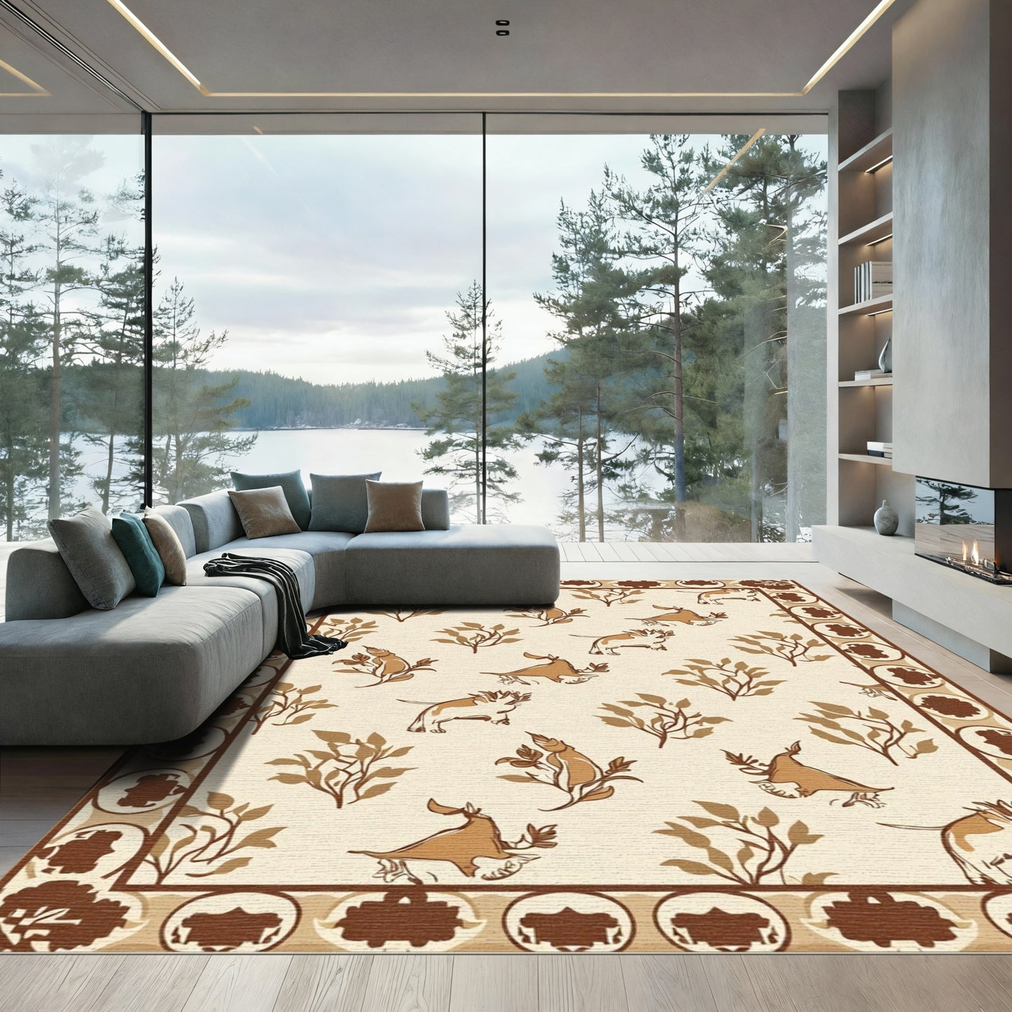 Brown Dino And Leafy Branch Rug