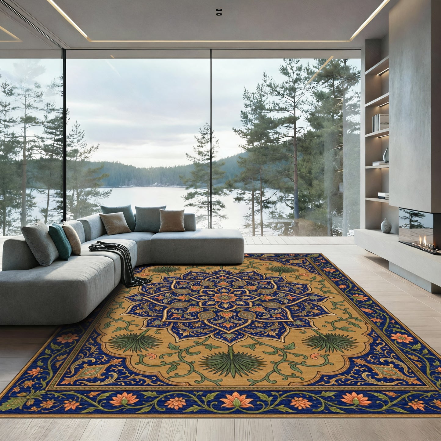 Ornate Navy Gold Floral Mandala Rug
