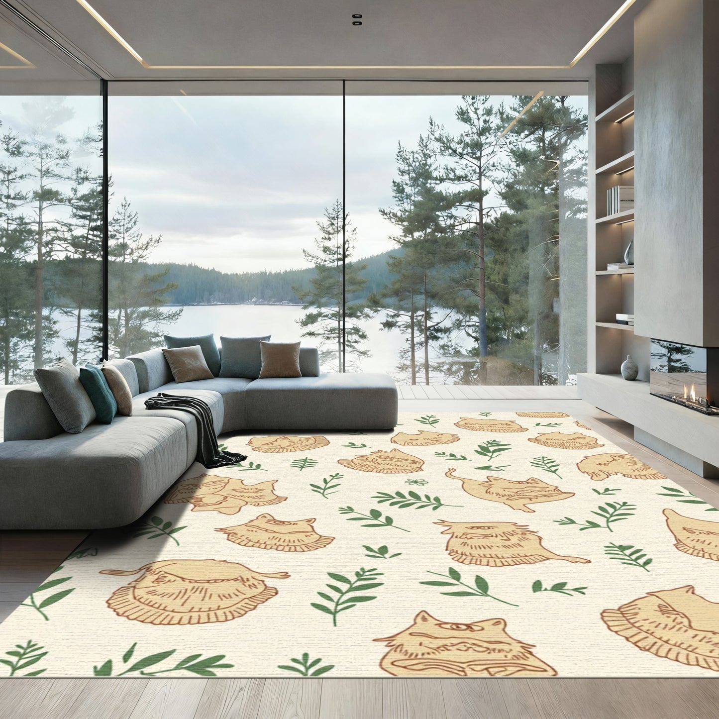 Whimsical Cat Face Botanical Cream Rug