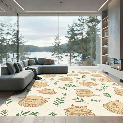 Whimsical Cat Face Botanical Cream Rug