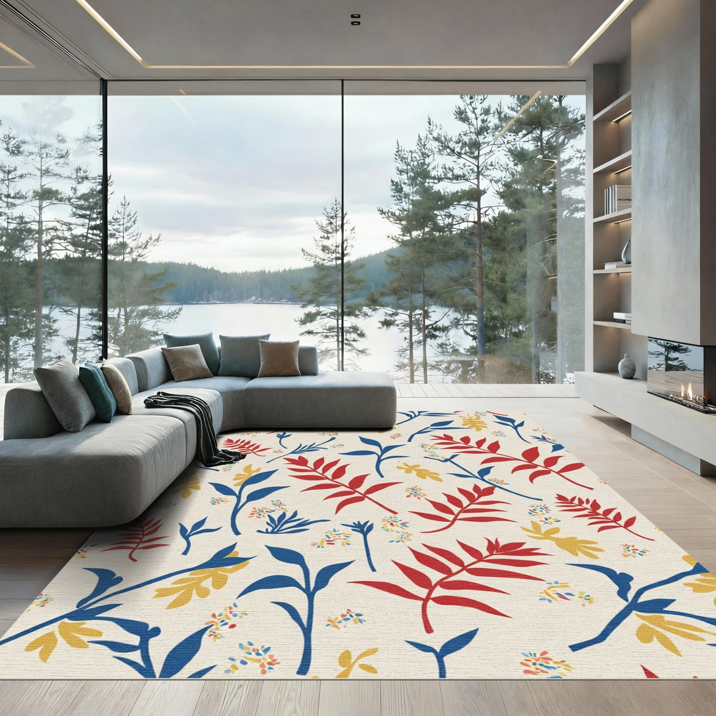 Leafy Scarlet Blue Ochre Botanical Arrangement Rug