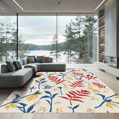 Leafy Scarlet Blue Ochre Botanical Arrangement Rug